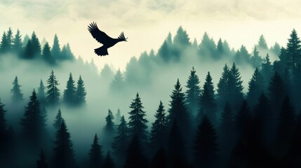 Naklejka premium A majestic bird soars above a misty evergreen forest, where light and shadow play among towering trees. serene scene embodies freedom and the beauty of nature, ideal for wildlife themes.