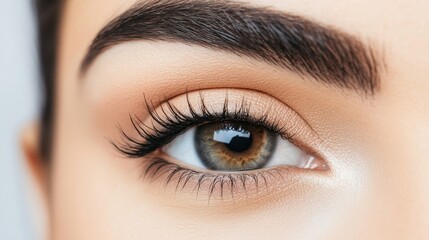 Obraz premium A striking close-up of a human eye reveals intricate details like long eyelashes, a well-defined eyebrow, and a mesmerizing green-brown iris, perfect for beauty and health marketing.