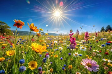Warm sunny meadow with wildflowers blooming in vibrant colors against a clear blue sky, natural, rural, landscape, blossom, nature