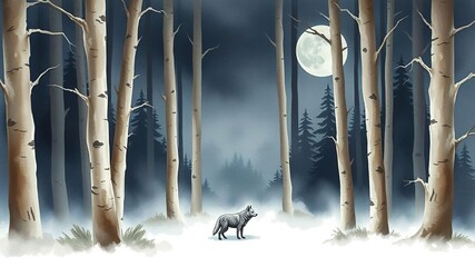 Watercolor painting of a lone wolf among tall trees in a dark forest, wolf, trees