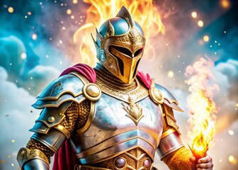 Knightly Figure in Dim Light with Bokeh Effect, Gold Armor, and Flames