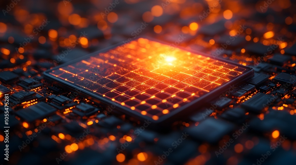 Poster Closeup view of a glowing,luminous microchip circuit board with an intricate pattern of electronic components,lit up in a vibrant orange and red color scheme against a dark.