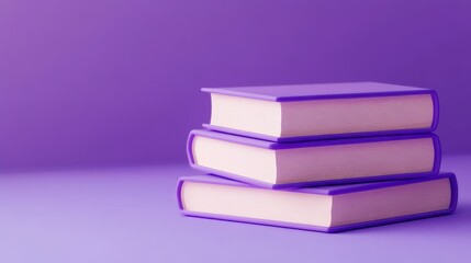 Fototapeta premium A vibrant stack of three glossy purple books against a matching background symbolizes creativity and knowledge, ideal for educational or artistic themes in promotional materials.