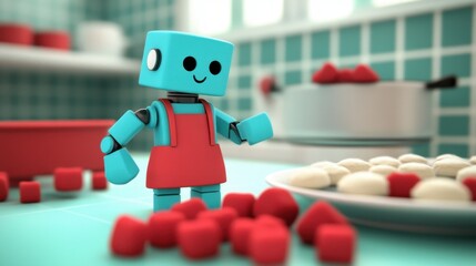 A whimsical 3D animation showcases a cheerful robot in a vibrant kitchen, adorned with a red apron, surrounded by playful oversized food items.