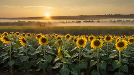 Obraz premium meadow sunflowers rising sun petals early morning light mist horizon landscape natural flower spring
