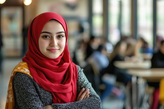A young woman in a red hijab, smiling. This photo shows a confident woman in a hijab, ideal for representing diversity and inclusion.