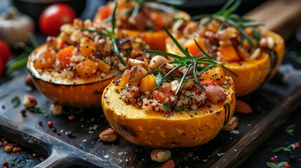 Winter season. Acorn squash stuffed with quinoa, nuts and vegetables