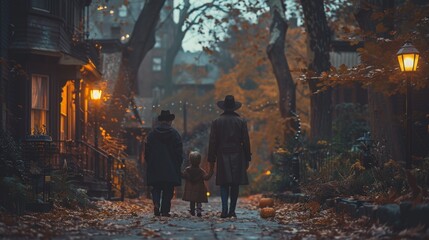 Halloween, the spookiest day of the year. photo of family with two children dressed up for halloween day in the street
