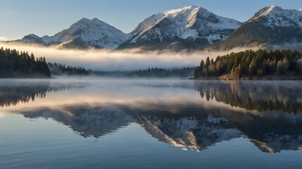 sunset sunrise lake dawn snow mountains fog mirror-like effect landscape nature
