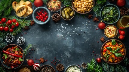 Winter season. Top view background of beautiful Christmas table with delicious homemade food decorated with fir branches, copy space