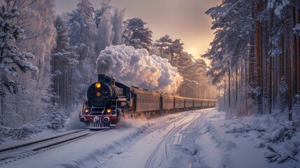 Winter season. Historic steam locomotive. Old vintage black train ride in the snowy forest in north pole. Fairy tale winter landscape. Retro aesthetic. A whimsical winter wonderland