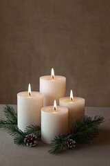 Christmas Candles Arrangement with Pine Branches and Pinecones, Cozy Holiday Atmosphere, Perfect for Festive Winter Decoration, Christmas Eve Ambience Concept