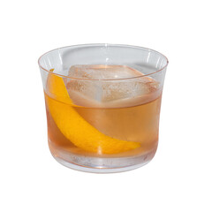 Old Fashioned Cocktail: A classic Old Fashioned cocktail, with a large ice cube, orange peel garnish, and amber liquid, in a short tumbler glass.