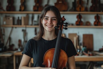 Portrait of smiling young woman holding violin in workshop surrounded by violins showcasing musical craft, music art concept - Powered by Adobe