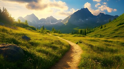 A serene scene of a mountain trail winding through a meadow with distant peaks