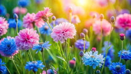 Fototapeta premium Pastel pink and blue flowers blooming in a lush green meadow, meadow, colorful, spring, peaceful
