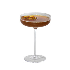 Golden Hour Cocktail: A sophisticated and elegant cocktail in a coupe glass, adorned with a slice of citrus fruit, a perfect image for menus, bar promotions, and cocktail recipes. 