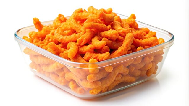 Photo of plastic container filled with crunchy cheetos on white background at tilted angle