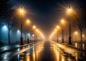 Long Exposure of an Empty Dark Night Street with Fog and Streetlights for Atmospheric Photography