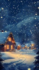 Snow falling on christmas eve in a cozy village with illuminated houses