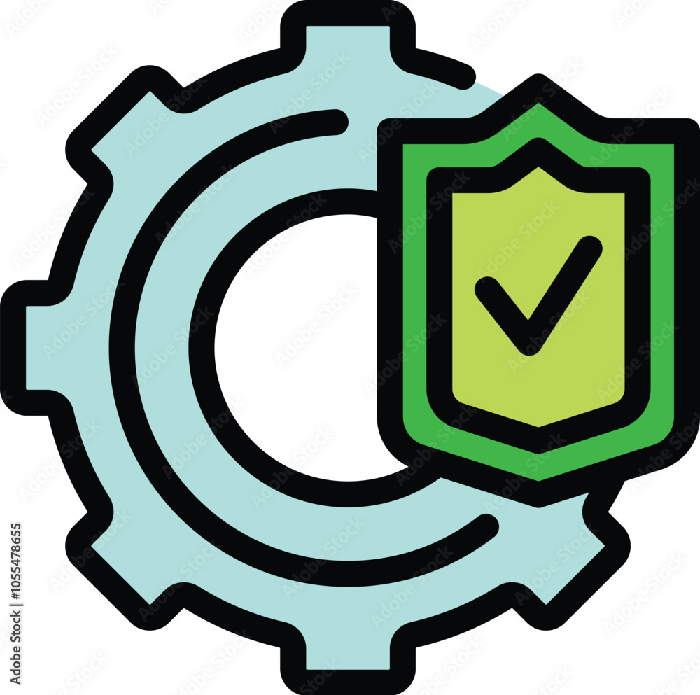 Poster green shield with a check mark is overlapping a gear, representing system security and protection