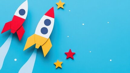 Fototapeta premium A lively scene showcasing two colorful paper rockets soaring against a bright blue backdrop, surrounded by playful red and yellow stars, embodying adventure and creativity.