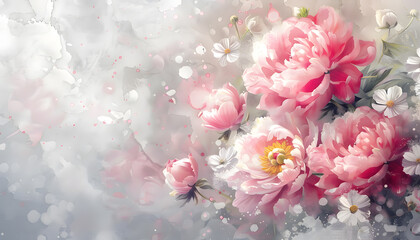 Obraz premium A serene composition of pink peonies and daisies against a soft, dreamy background, evoking a sense of calm and beauty.