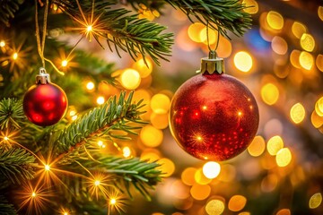Long Exposure of Red Christmas Ball on Tree with Lights for Festive Atmosphere