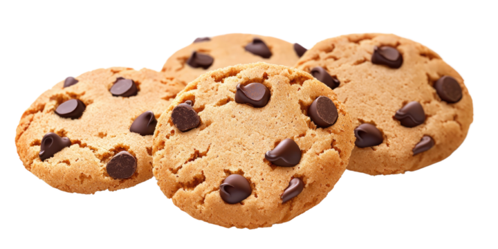 Four delicious chocolate chip cookies arranged on a white background. Transparent background