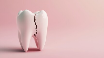 A striking close-up of a large, stylized tooth showcases a prominent vertical crack against a soft pink background, emphasizing dental health and the need for regular check-ups.