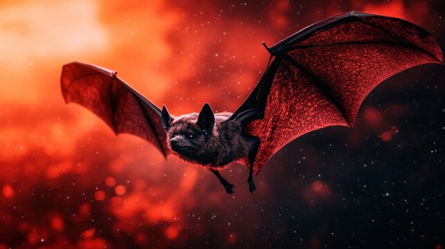 A striking bat in mid-flight showcases deep red wings against a swirling light and shadow background. image evokes mystery, ideal for fantasy or Halloween themes.
