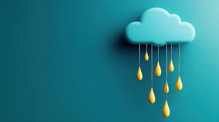 A three-dimensional blue cloud floats against a teal background, with yellow raindrops adding a whimsical touch.