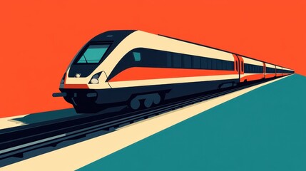 Fototapeta premium A vibrant digital illustration showcases a sleek modern train on elevated tracks against a striking orange background, highlighting motion and innovation in transportation.
