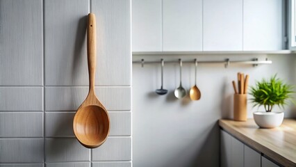 Long Wooden Spoon on White Wall in Minimalistic Kitchen - Ideal Cooking Accessory for Modern Homes
