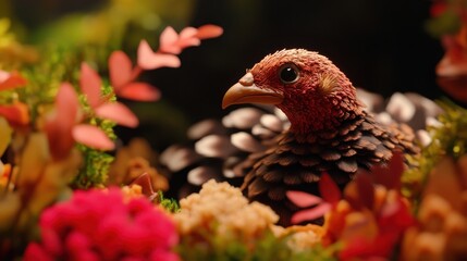 Fototapeta premium A vibrant portrayal of a turkey-like bird amidst lush foliage, showcasing intricate plumage in rich brown, red, and cream, surrounded by vivid flowers and leaves, perfect for nature-themed designs.