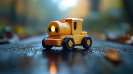Wooden Toy Train with Glowing Headlight on a Dark Surface