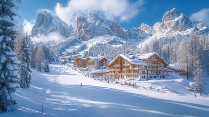 Winter Ski Resort high quality photo. Mountains and forest trees, vail snowy landscape. Family holidays vacation background.