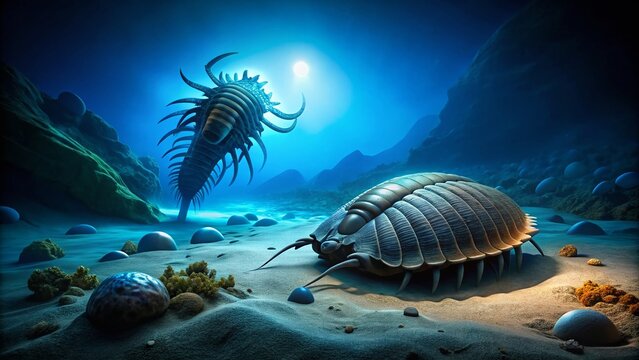 Low Light Photography of Kokomopterus Eurypterid Scavenging a Dead Trilobite on the Seafloor