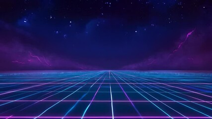 Futuristic retro landscape. Digital cyber surface with neon light grid. Cyberspace or metaverse. Technology, ai and vr concept. Virtual reality. 80s and 90s retrowave, synthwave, vaporwave style - Powered by Adobe