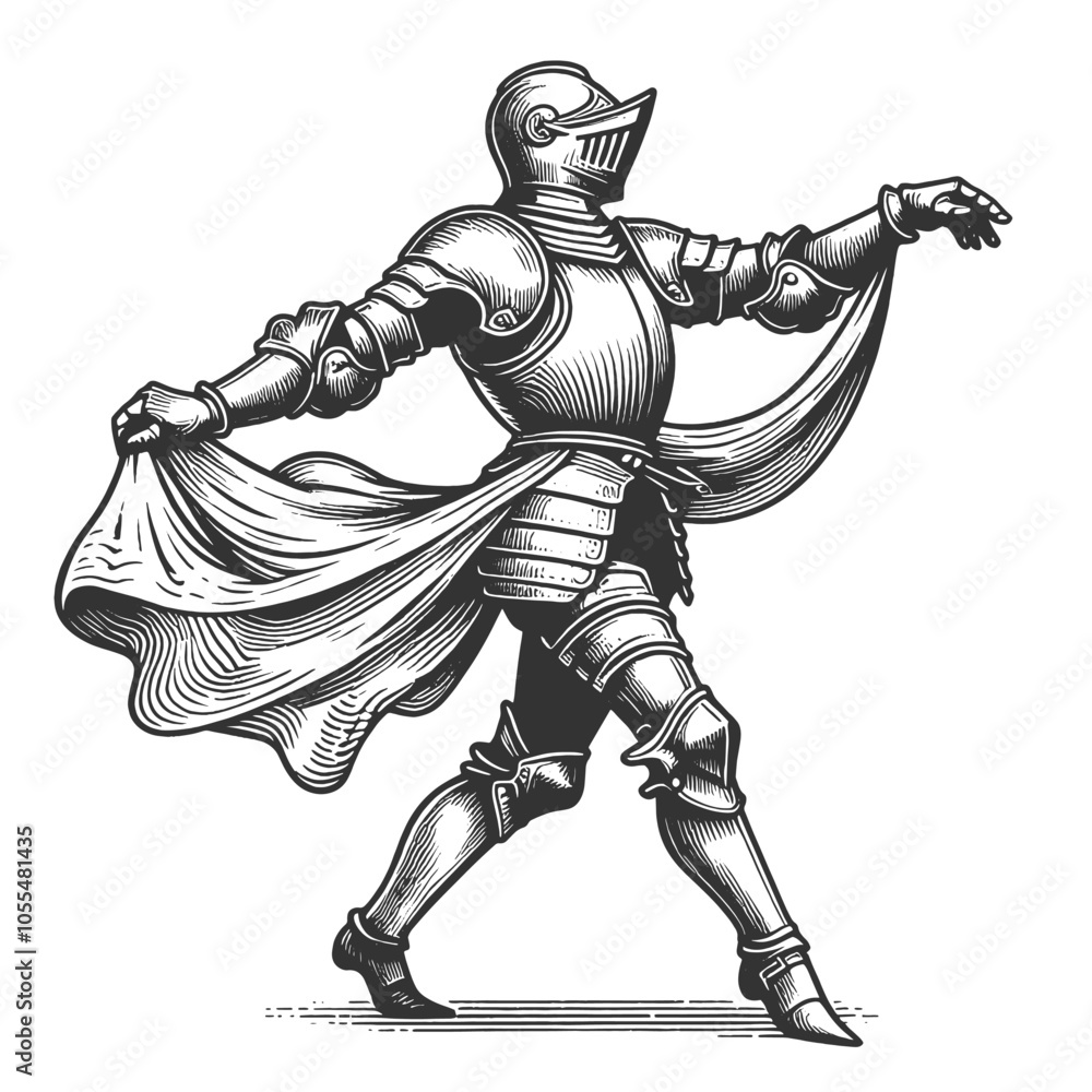 Poster knight in full armor dancing joyfully, medieval imagery with playful, humorous elements sketch engra