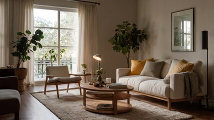 A tranquil living area with soft tones and elegant finishes designed for both beauty and functionality