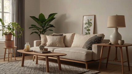 Fototapeta premium A beautifully designed modern interior with neutral tones and simple furniture creating a calming atmosphere