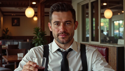 Male waiter holding glass of red wine in restaurant setting