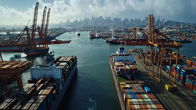 Expansive aerial shot of a bustling harbor with ships docked, cranes loading containers, and a city skyline in the background. . Video