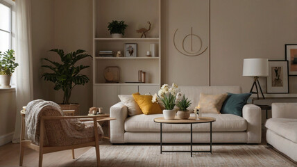 Naklejka premium A sophisticated living room with rich textures and carefully selected decor items providing an elegant touch