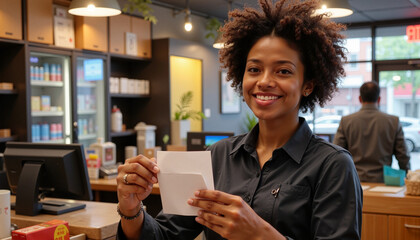 Smiling female worker holding receipt at retail counter