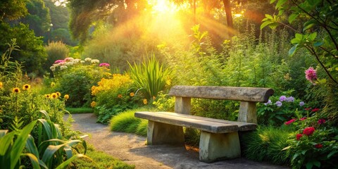 A solitary stone bench sits in a sun-drenched garden path, surrounded by vibrant blooms and lush greenery, inviting contemplation and relaxation.