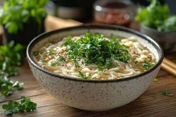 Bowl of Noodle Soup with Sesame Seeds and Parsley