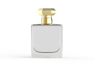 The image features an elegant transparent glass perfume bottle with a luxurious golden cap. The bottle's sleek, minimalist design highlights the clarity of the glass, showcasing the fragrant liquid in