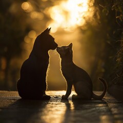 Two cats silhouette facing each other against a sunset backdrop.